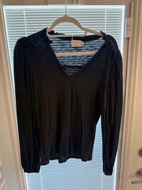 Nation LTD Black V-Neck Long Sleeve Top with Ruffle Trim